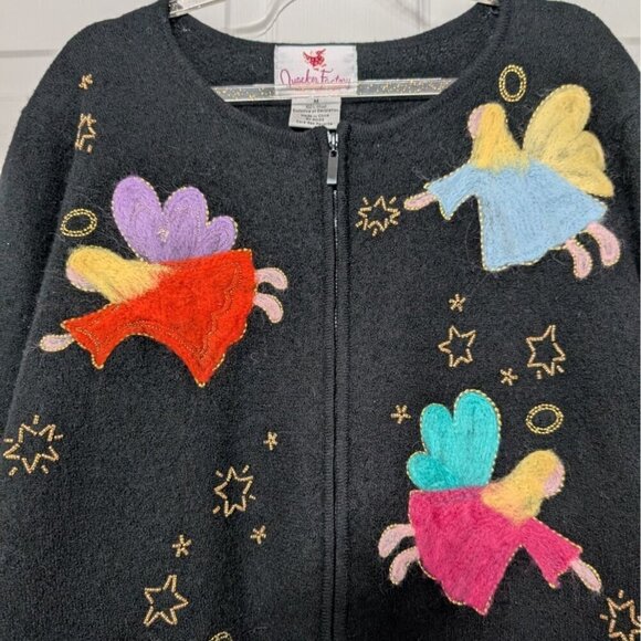 The Quacker Factory Fairy Cardigan Womens Size Medium Black Wool Beaded Full Zip - Picture 2 of 11